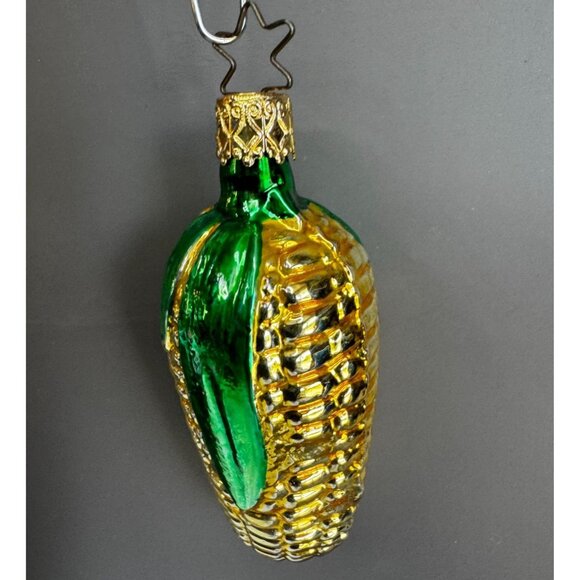 Inge Glass Style Blown Glass Corn Ornament Green & Gold 4" Vintage German - Picture 1 of 6